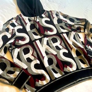 Michael Kors hooded logo knit sweater in black white burgundy and gray